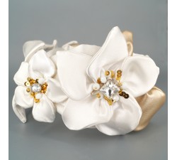 KrasaJ headband flovers and gold leaves. White altas and gold eco-leather