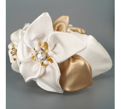 KrasaJ headband flovers and gold leaves. White altas and gold eco-leather