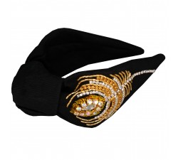 Headband KrasaJ with knot with embroidery Golden feather. Black jeans.