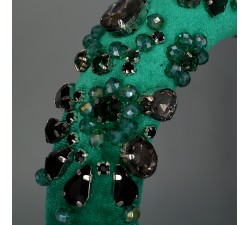 Обруч-корона зеленый бархат с зелеными и черными стразами
