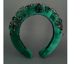 Обруч-корона зеленый бархат с зелеными и черными стразами