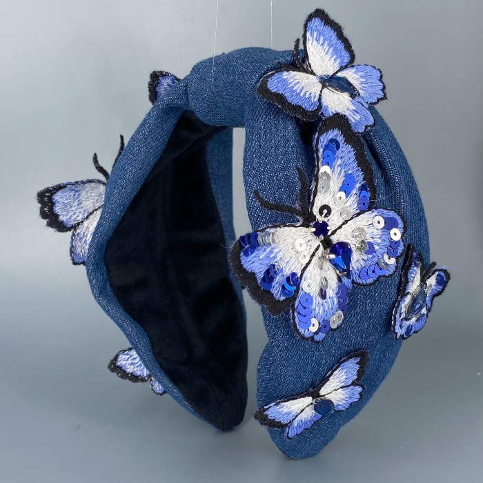Ободок КрасаЖ синие бабочки. Темно-Синий джинс.