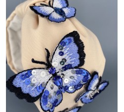 Ободок КрасаЖ синие бабочки. Бежевый хлопок.