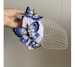 Ободок КрасаЖ синие бабочки. Белый джинс. Вуаль